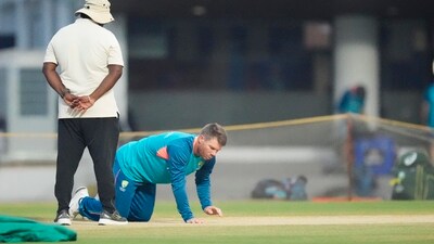 David Warner inspects the pitch during a practice session ahead of the ICC Men's Cricket World Cup match against India, at the MA Chidambaram Stadium (PTI)
