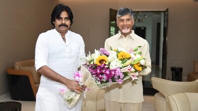 Janasena party chief Pawan Kalyan (L) with TDP's N Chandrababu Naidu (File)