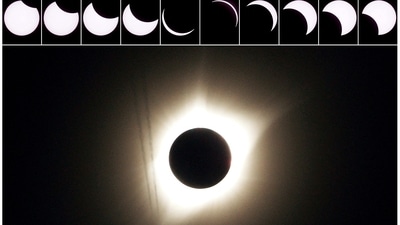 FILE PHOTO: A combination of ten pictures shows the progression of a partial solar eclipse near as a jet plane flies by the total solar eclipse in Guernsey, Wyoming U.S., August 21, 2017. (REUTERS)