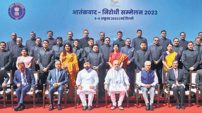 Union home minister Amit Shah during the inauguration of the third anti-terror conference in Delhi on Thursday. (PIB) Union home minister Amit Shah during the inauguration of the third anti-terror conference in Delhi on Thursday. (PIB)