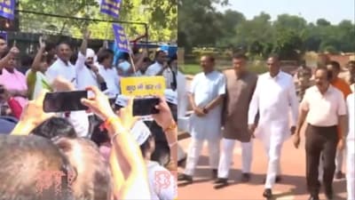 AAP workers and BJP leaders held protests and counter-protests over Sanjay Singh's arrest in a money laundering case. AAP workers and BJP leaders held protests and counter-protests over Sanjay Singh's arrest in a money laundering case.