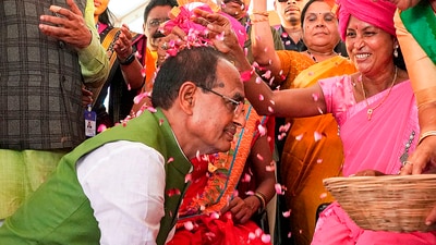 Madhya Pradesh Chief Minister Shivraj Singh Chouhan during an event to transfer installments of Ladli Behna Yojana and inauguration of various development works, in Burhanpur district, Wednesday, Oct. 4, 2023. (PTI) Madhya Pradesh Chief Minister Shivraj Singh Chouhan during an event to transfer installments of Ladli Behna Yojana and inauguration of various development works, in Burhanpur district, Wednesday, Oct. 4, 2023. (PTI)