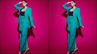 Sonam's outfit is from luxury fashion house Bottega Veneta and features a black bralette featuring a sweetheart neckline and a full-length pencil skirt in a beautiful cyan colour with a thigh-high slit at the back. She completed her look with a matching full-sleeved blazer. (Instagram/@sonamkapoor) Sonam's outfit is from luxury fashion house Bottega Veneta and features a black bralette featuring a sweetheart neckline and a full-length pencil skirt in a beautiful cyan colour with a thigh-high slit at the back. She completed her look with a matching full-sleeved blazer. (Instagram/@sonamkapoor)