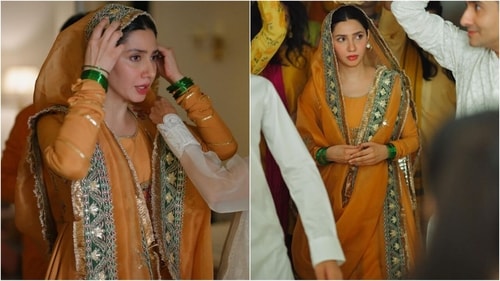 Mahira Khan looks beautiful in an orange anarkali kurta paired with a matching dupatta adorned with green borders. (Instagram/@mahirahkhan)