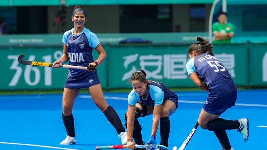 Hangzhou: India's Deepika attempts to score a goal against Singapore through penalty corner during the women's hockey match at the 19th Asian Games, in Hangzhou, China, Wednesday, Sept. 27, 2023. (PTI Photo/Gurinder Osan) (PTI09_27_2023_RPT077A) (PTI)