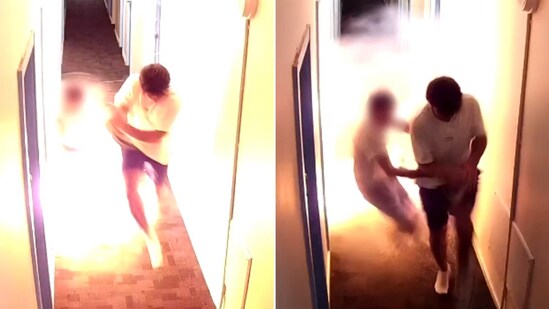 The image shows two men escaping a room after an e-scooter burst inside the place. (X/@FRNSW)