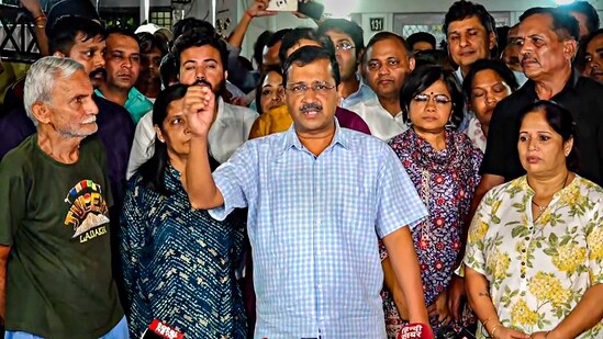Delhi Chief Minister Arvind Kejriwal interacts with the media after meeting with the family of AAP leader Sanjay Singh over the latter's arrest by the Enforcement Directorate. (PTI)