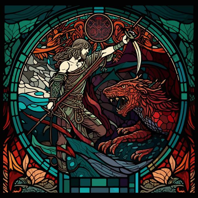 Stained glass window panel of Beowulf and a dragon. (Happysloth/Shutterstock) Stained glass window panel of Beowulf and a dragon. (Happysloth/Shutterstock)