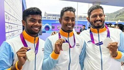 Indian men’s recurve team comprising of Atanu Das, Dhiraj Bommadevara and Tushar Shelke with silver medal in the team event (Narendra Modi Twitter) Indian men’s recurve team comprising of Atanu Das, Dhiraj Bommadevara and Tushar Shelke with silver medal in the team event (Narendra Modi Twitter)