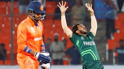 Pakistan's Hassan Ali celebrates the dismissal of Netherlands Aryan Dutt during their match in the ICC Men's Cricket World Cup 2023 at the Rajiv Gandhi International Stadium in Hyderabad on Friday. (ANI) Pakistan's Hassan Ali celebrates the dismissal of Netherlands Aryan Dutt during their match in the ICC Men's Cricket World Cup 2023 at the Rajiv Gandhi International Stadium in Hyderabad on Friday. (ANI)