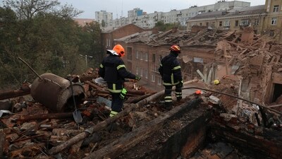 Emergency workers search for victims after a Russian air attack that damaged an apartment building in central Kharkiv, (AP) Emergency workers search for victims after a Russian air attack that damaged an apartment building in central Kharkiv, (AP)