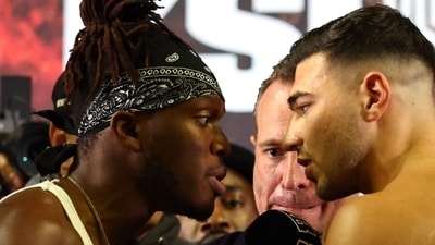Boxing - X Series Press Conference - OVO Arena Wembley, London, Britain - August 22, 2023 KSI head to head with Tommy Fury as promoter Kalle Sauerland looks on during the press conference Action Images via Reuters/Andrew Boyers (Action Images via Reuters)