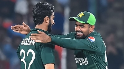 Pakistan's Hasan Ali (L) celebrates with his captain Babar Azam after taking the wicket of Netherlands' Max O'Dowd during the 2023 ICC Men's Cricket World Cup ODI match between Pakistan and Netherlands at the Rajiv Gandhi International Stadium in Hyderabad on October 6, 2023. (AFP) Pakistan's Hasan Ali (L) celebrates with his captain Babar Azam after taking the wicket of Netherlands' Max O'Dowd during the 2023 ICC Men's Cricket World Cup ODI match between Pakistan and Netherlands at the Rajiv Gandhi International Stadium in Hyderabad on October 6, 2023. (AFP)
