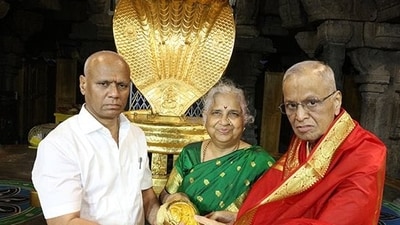 Sudha, a former Tirumala Tirupati Devasthanams (TTD) Trust Board member, has previously donated a golden abhisheka shankam (ritual utensil) to the temple. (Twitter) Sudha, a former Tirumala Tirupati Devasthanams (TTD) Trust Board member, has previously donated a golden abhisheka shankam (ritual utensil) to the temple. (Twitter)
