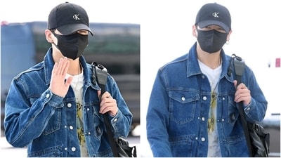 Jungkook departs for US dressed in an effortlessly cool denim jacket and cargo pants. (X ) Jungkook departs for US dressed in an effortlessly cool denim jacket and cargo pants. (X )