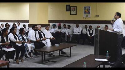 Members of the District Bar Association during a protest at Bar association office in Ludhiana on Friday. (Manish/HT)