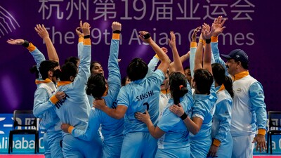 Hangzhou: Indian players celebrate winning the women's kabaddi semifinal match against Nepal at the 19th Asian Games, in Hangzhou, China (PTI)