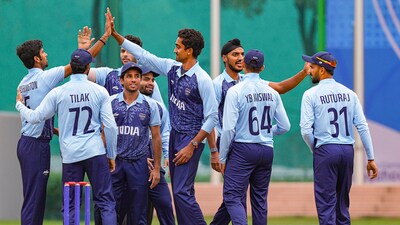 India's R Sai Kishore celebrates the dismissal of a Bangladeshi batter during men's cricket semifinal match between India and Bangladesh at the 19th Asian Games, in Hangzhou (PTI) India's R Sai Kishore celebrates the dismissal of a Bangladeshi batter during men's cricket semifinal match between India and Bangladesh at the 19th Asian Games, in Hangzhou (PTI)