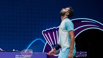 India's HS Prannoy reacts after losing a point against China's Li Shifeng in the Men's Singles semifinal badminton match at the 19th Asian Games (PTI) India's HS Prannoy reacts after losing a point against China's Li Shifeng in the Men's Singles semifinal badminton match at the 19th Asian Games (PTI)