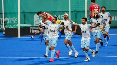 India's captain Harmanpreet Singh celebrates with teammates after scoring a goal against Japan during the Men's Hockey Final match at the 19th Asian Games, in Hangzhou, China (PTI) India's captain Harmanpreet Singh celebrates with teammates after scoring a goal against Japan during the Men's Hockey Final match at the 19th Asian Games, in Hangzhou, China (PTI)