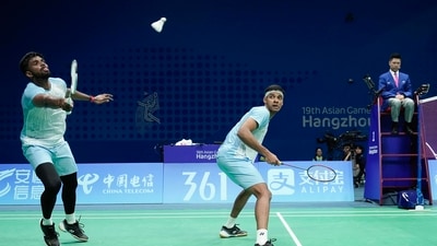 Satwiksairaj Rankireddy and Chirag Shetty during their men's doubles semi-final badminton match (PTI) Satwiksairaj Rankireddy and Chirag Shetty during their men's doubles semi-final badminton match (PTI)
