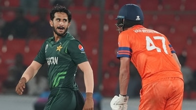 Pakistan's Hassan Ali and Netherlands' Paul van Meekeren during the ICC Men's Cricket World Cup match between Pakistan and Netherlands at Rajiv Gandhi International Cricket Stadium in Hyderabad (PTI) Pakistan's Hassan Ali and Netherlands' Paul van Meekeren during the ICC Men's Cricket World Cup match between Pakistan and Netherlands at Rajiv Gandhi International Cricket Stadium in Hyderabad (PTI)