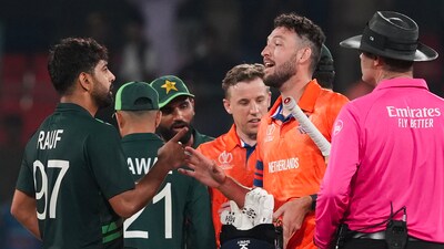 Pakistan's Haris Rauf and Netherlands' Paul van Meekeren exchange words at the end of their ICC Men's Cricket World Cup match, at Rajiv Gandhi International Cricket Stadium, in Hyderabad (PTI) Pakistan's Haris Rauf and Netherlands' Paul van Meekeren exchange words at the end of their ICC Men's Cricket World Cup match, at Rajiv Gandhi International Cricket Stadium, in Hyderabad (PTI)