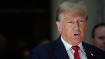 Former President Donald Trump, speaks to reporters as he leaves the courtroom during a lunch break in his civil business fraud trial, Oct. 4, 2023, in New York. (AP) Former President Donald Trump, speaks to reporters as he leaves the courtroom during a lunch break in his civil business fraud trial, Oct. 4, 2023, in New York. (AP)