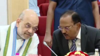 Union home minister Amit Shah with National Security Advisor (NSA) Ajit Doval at LWE review meeting in Delhi on Friday (Twitter Photo)
