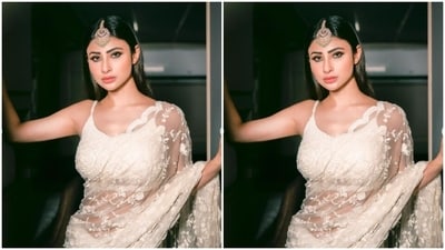 Mouni played muse to fashion designer house Premya and picked a sheer white saree from the shelves of the designer house. (Instagram/@imouniroy) Mouni played muse to fashion designer house Premya and picked a sheer white saree from the shelves of the designer house. (Instagram/@imouniroy)