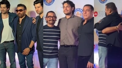 (L-R) Sunny Deol with Rajveer Deol and Karan Deol at Dono screening; Salman Khan, Aamir Khan and his son Junaid Khan. (L-R) Sunny Deol with Rajveer Deol and Karan Deol at Dono screening; Salman Khan, Aamir Khan and his son Junaid Khan.