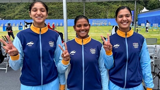 Indian women archers team of Ankita Bhakat, Simranjeet Kaur and Bhajan Kaur on winning Bronze medal in Archery Recurve Women’s Team event at the ongoing Asian Games held in Hangzhou, China(Narendra Modi Twitter)