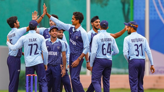 India's R Sai Kishore celebrates the dismissal of a Bangladeshi batter during men's cricket semifinal match between India and Bangladesh at the 19th Asian Games, in Hangzhou (PTI)