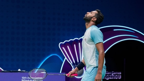 India's HS Prannoy reacts after losing a point against China's Li Shifeng in the Men's Singles semifinal badminton match at the 19th Asian Games (PTI)
