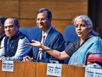 Finance minister Nirmala Sitharaman at the GST Council Meeting in New Delhi on Saturday. (PTI) Finance minister Nirmala Sitharaman at the GST Council Meeting in New Delhi on Saturday. (PTI)