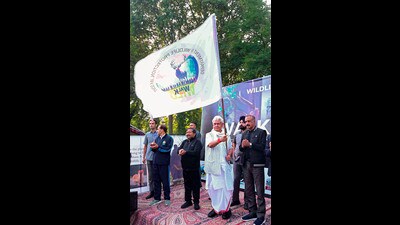 &K L-G Manoj Sinha flags off a walkathon as part of the Wildlife Week celebrations in Srinagar on Saturday (PTI)