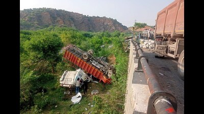A speeding truck met with an accident killing four people, near Khor village, Rojka Meo area in Nuh on Saturday. (ANI)
