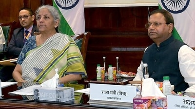 Union finance minister Nirmala Sitharaman chairs the 51st meeting of the GST Council, via video conferencing, in New Delhi. (Nirmala Sitharaman Office Twitter)