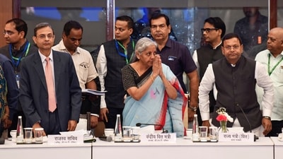 Union Finance Minister Nirmala Sitharaman arrives to chair the 52nd meeting of the GST Council, at Sushma Swaraj Bhawan in New Delhi on Saturday. (Jitender Gupta)