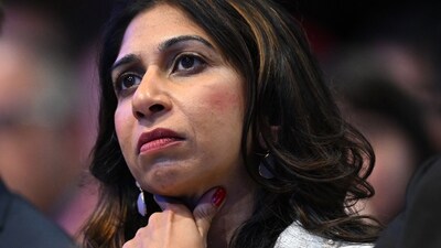 Britain's home secretary Suella Braverman listens to the prime minister's speech at the annual Conservative Party Conference in Manchester. (AFP) Britain's home secretary Suella Braverman listens to the prime minister's speech at the annual Conservative Party Conference in Manchester. (AFP)