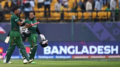Mushfiqur Rahim and Najmul Hossain Shanto celebrate after winning the 2023 ICC Men's Cricket World Cup ODI match against Afghanistan (AFP) Mushfiqur Rahim and Najmul Hossain Shanto celebrate after winning the 2023 ICC Men's Cricket World Cup ODI match against Afghanistan (AFP)