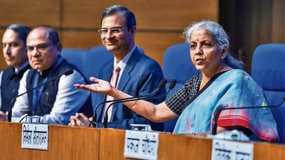 Finance minister Nirmala Sitharaman at the GST Council Meeting in New Delhi on Saturday. (PTI) Finance minister Nirmala Sitharaman at the GST Council Meeting in New Delhi on Saturday. (PTI)