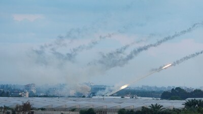 Rockets are fired by Palestinian militants into Israel, in Gaza City October 7, 2023. (Reuters)