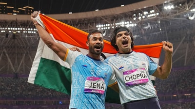 Superstar Neeraj Chopra won the gold while Kishore Jena finished behind him to settle for a silver medal at the Asiad (PTI) Superstar Neeraj Chopra won the gold while Kishore Jena finished behind him to settle for a silver medal at the Asiad (PTI)