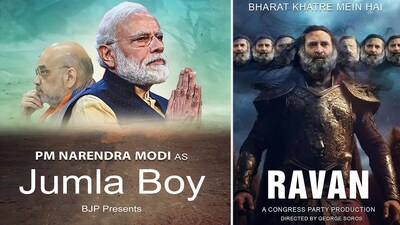 A combination of posters shows PM Narendra Modi and HM Amit Shah as 'Jumla Boy' (L) and Congress leader Rahul Gandhi as 'Ravana'. (PTI) A combination of posters shows PM Narendra Modi and HM Amit Shah as 'Jumla Boy' (L) and Congress leader Rahul Gandhi as 'Ravana'. (PTI)