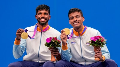 Gold medalists India's Chirag Shetty and Satwiksairaj Rankireddy pose for photos during the presentation ceremony after winning the Men's Doubles Gold Medal badminton (PTI) Gold medalists India's Chirag Shetty and Satwiksairaj Rankireddy pose for photos during the presentation ceremony after winning the Men's Doubles Gold Medal badminton (PTI)