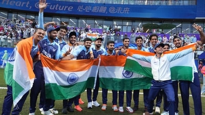 Indian players celebrate after winning the Men's Gold Medal cricket match against Afghanistan at the 19th Asian Games, in Hangzhou (PTI) Indian players celebrate after winning the Men's Gold Medal cricket match against Afghanistan at the 19th Asian Games, in Hangzhou (PTI)