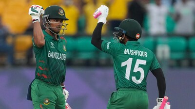 Bangladesh batter Najmul Hossain Shanto and Mushfiqur Rahim celebrate after winning the match against Afghanistan (PTI) Bangladesh batter Najmul Hossain Shanto and Mushfiqur Rahim celebrate after winning the match against Afghanistan (PTI)
