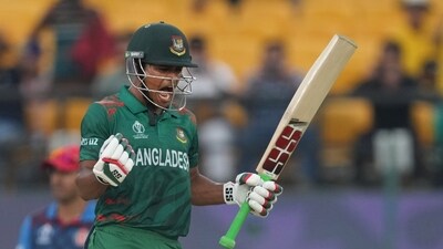 Bangladesh's batter Najmul Hossain Shanto celebrates after winning the match against Afghanistan during the ICC Men's World Cup 2023 (PTI) Bangladesh's batter Najmul Hossain Shanto celebrates after winning the match against Afghanistan during the ICC Men's World Cup 2023 (PTI)