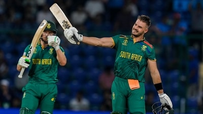 Aiden Markram celebrates his century during the ICC Men's Cricket World Cup match between Sri Lanka and South Africa (PTI) Aiden Markram celebrates his century during the ICC Men's Cricket World Cup match between Sri Lanka and South Africa (PTI)